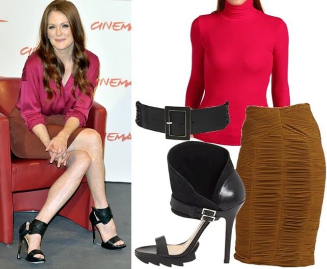 How to copy Julianne Moore's style with a skirt, top, belt and sandals