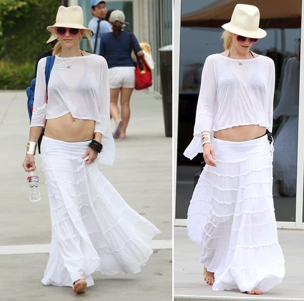 Gwen Stefani paired a leopard-print bikini top with a white tiered peasant maxi skirt