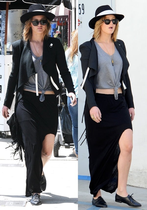 Jennifer Lawrence wearing a HELMUT Helmut Lang maxi skirt