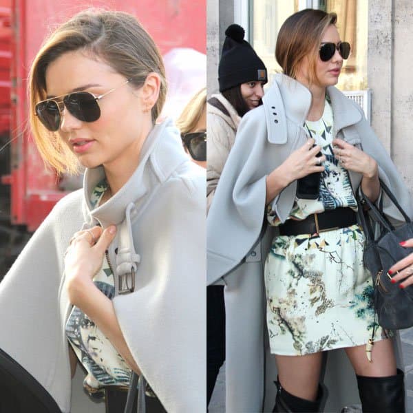 Miranda Kerr wore an egyptian-print skirt by Balenciaga, paired with a matching top from the same brand