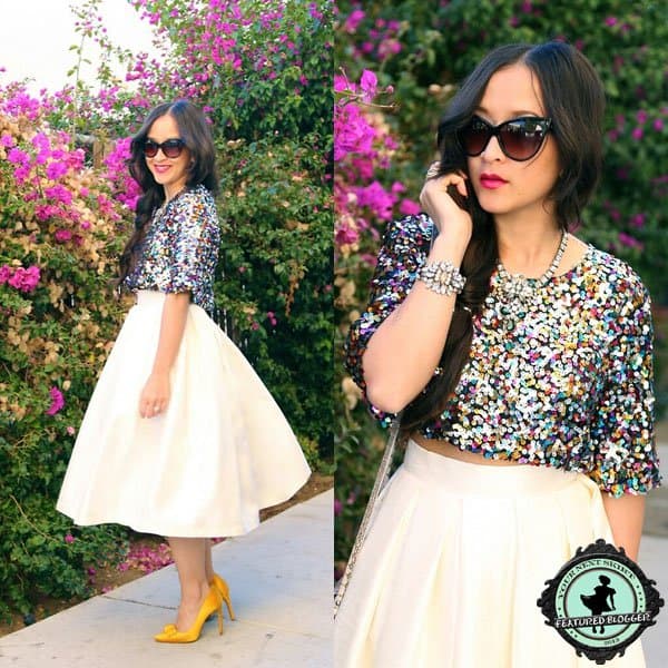 KTR styled a neutral tea length skirt with a sequined crop top