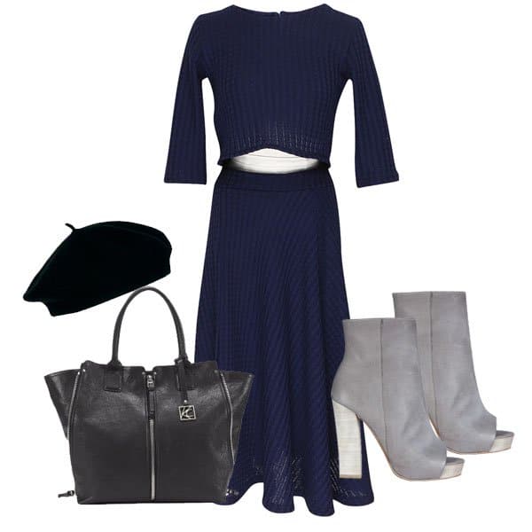Matching midi skirt and top with boots, hat, and bag