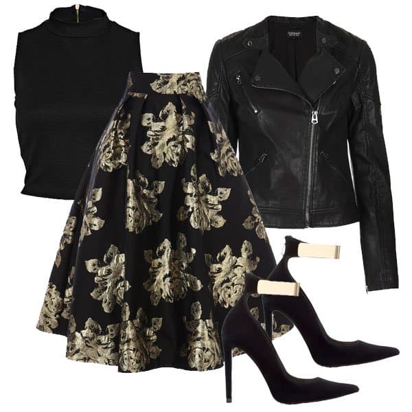 Outfit with gold-and-black tea length skirt
