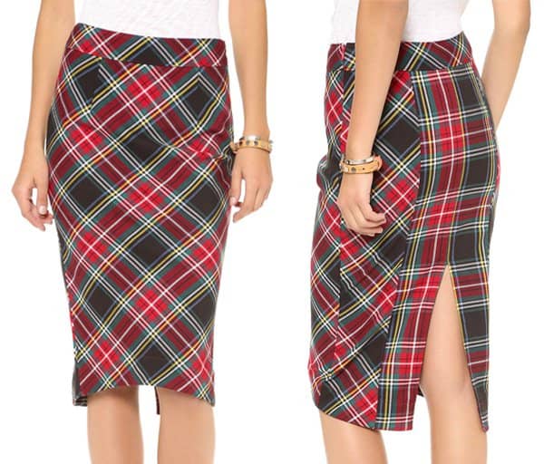 A classic pencil skirt gets a modern makeover in vivid plaid