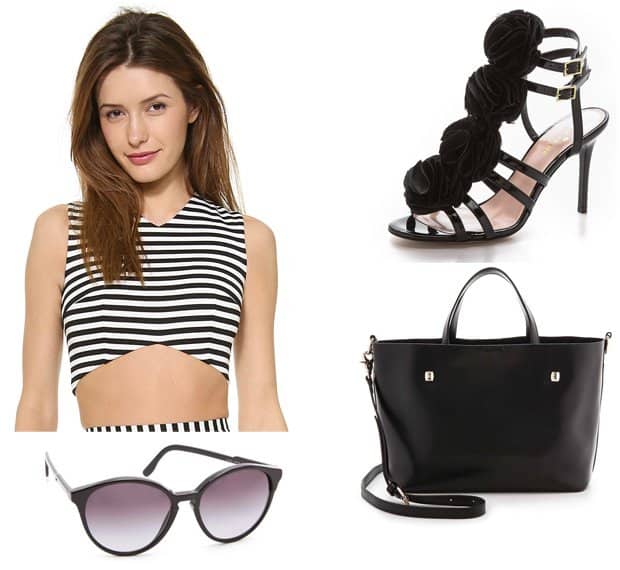 Nicholas Striped Crop Top, Kate Spade New York Ina Rosette Sandals, Monserat De Lucca Docente Small Tote, and Stella McCartney Oversized Round Sunglasses
