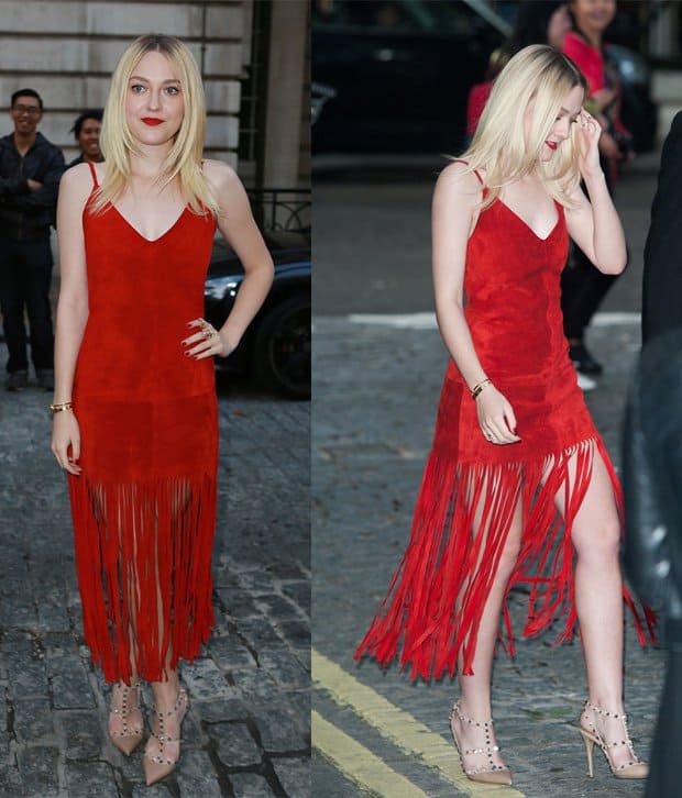Dakota Fanning in a suede red fringed-hem dress at the UK film premiere of ‘Effie Gray’
