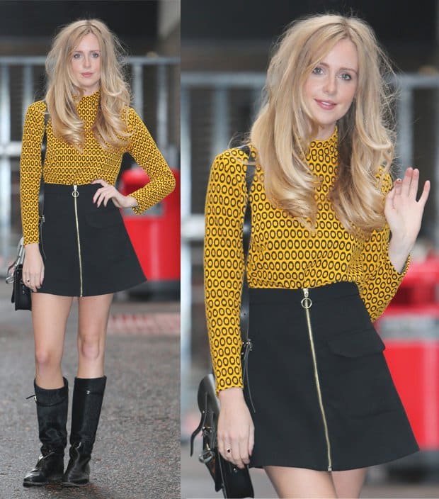 Diana Vickers flaunts her legs in a black Topshop A-line skirt and knee-high boots