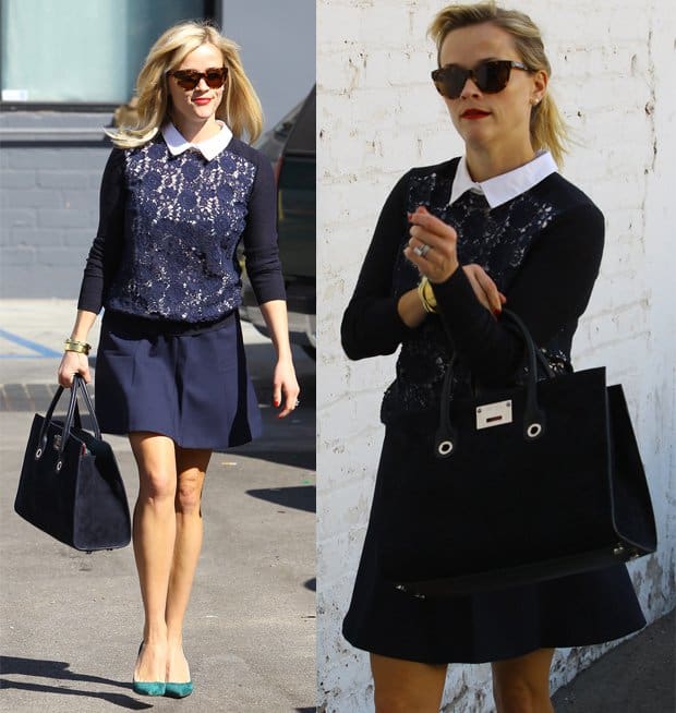 Reese Witherspoon wears a Tory Burch Sandy sweater and Manolo Blahnik BB pumps