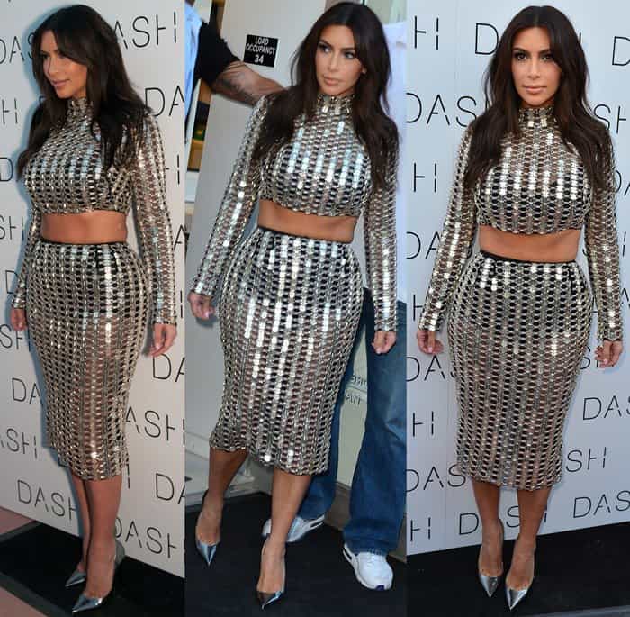 Kim Kardashian styled her chain mail skirt with Jimmy Choo Anouk metallic leather pumps