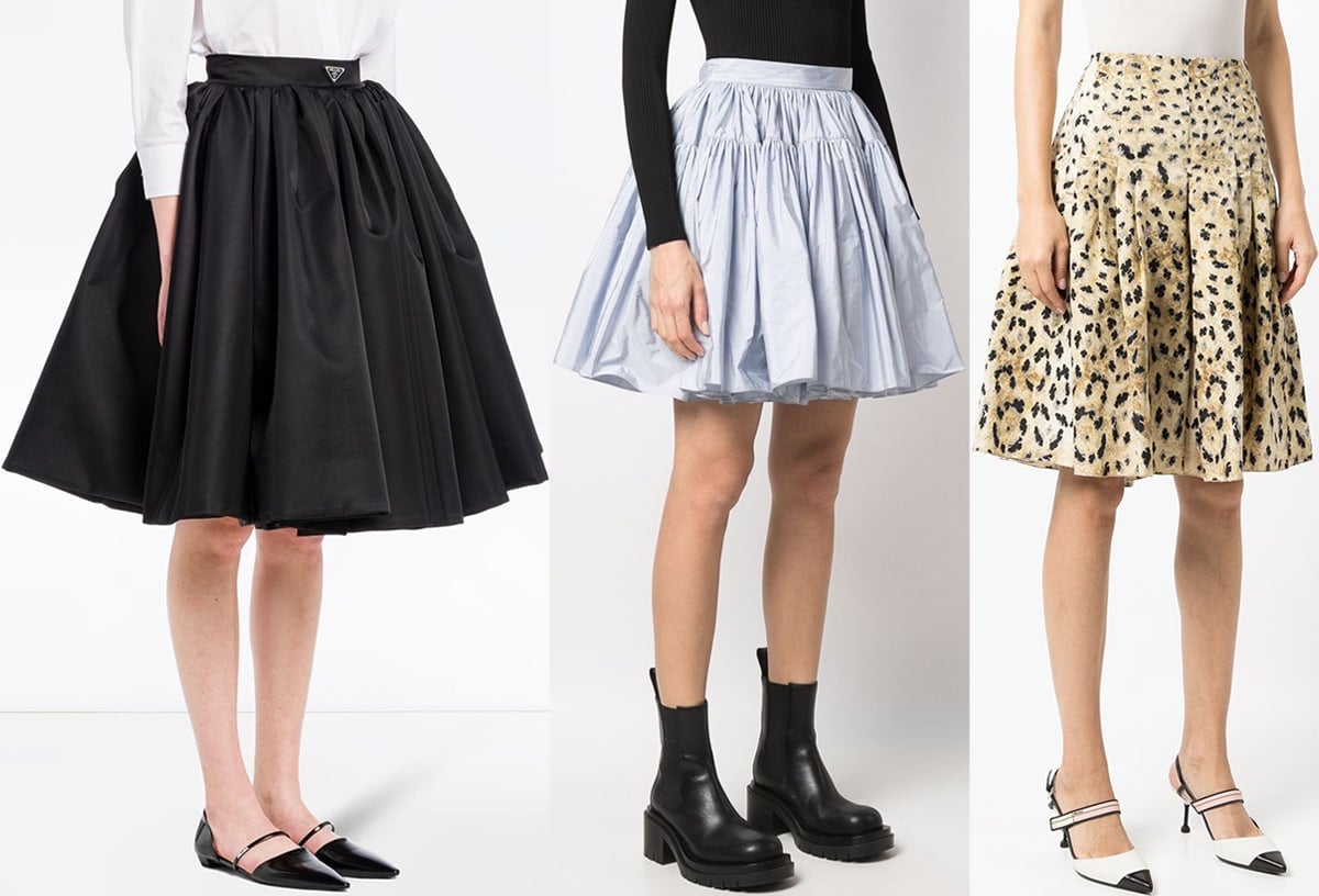 Flared skirts sit above the knees and have a voluminous body, creating a whimsical look