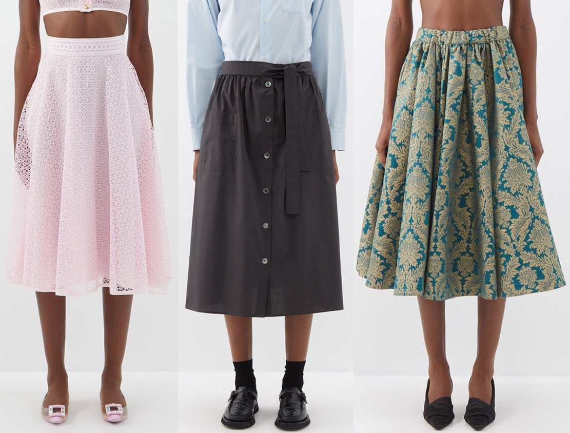 Midi skirts are skirts that fall between the knee and the ankle or at least 2 inches below the knees