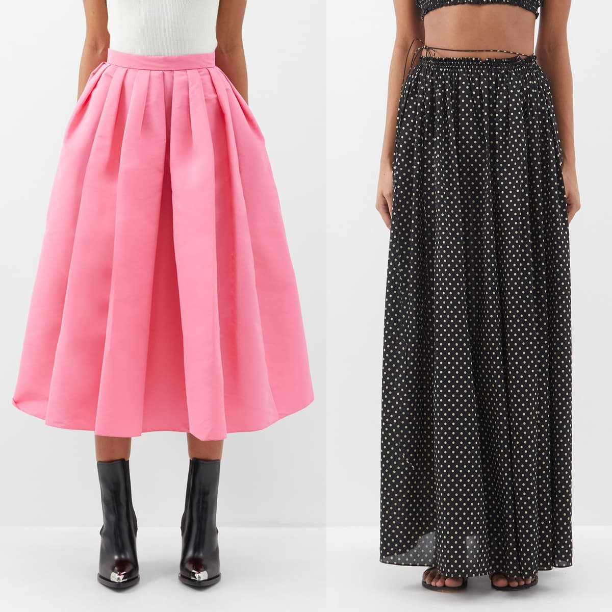 Midi skirts sit in between the knees and ankles while maxi skirts fall to the ankles